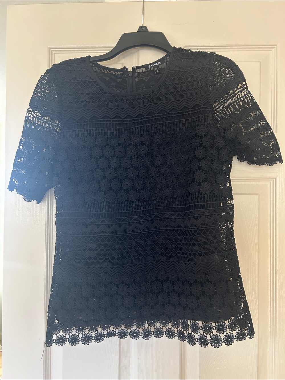 Express Black Floral & Geometric Lace Short Sleeve Top